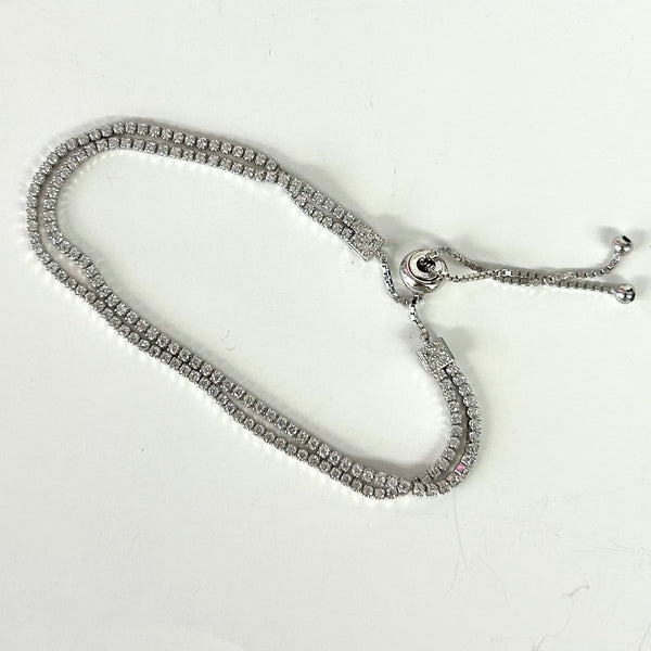Silver Pull String Double Strand CZ Tennis Bracelet