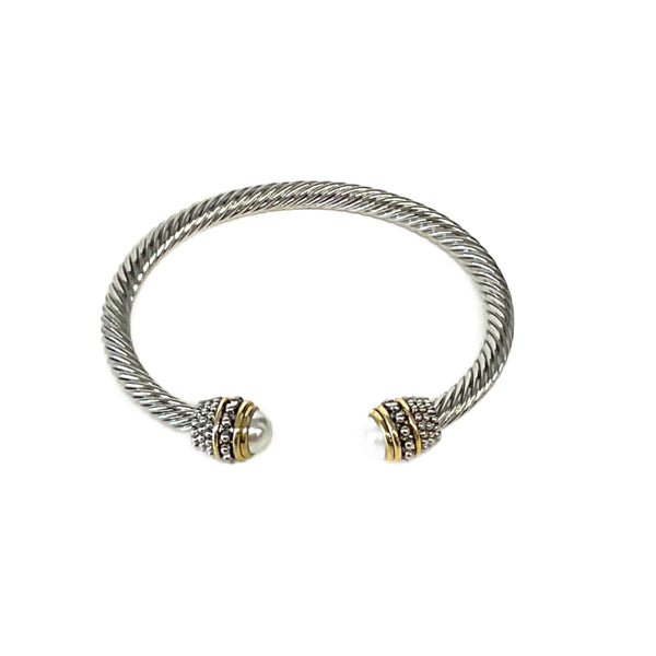 Silver Cable Cuff With Pearl Caps
