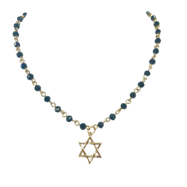 Black Bead Necklace with Star of David Charm