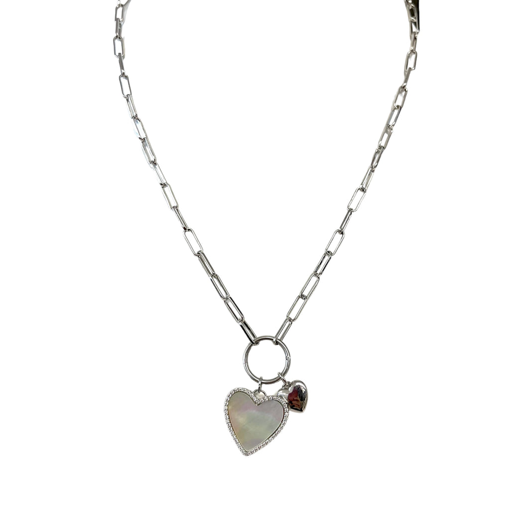 Mother of Pearl And Silver Hearts Paperclip Chain Necklace