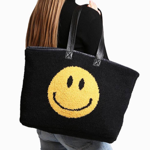 Soft Sherpa Smiley Face Tote Bag