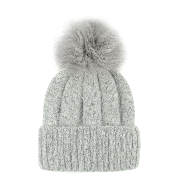 Angora Knit Hat With Fox Fur Pompom