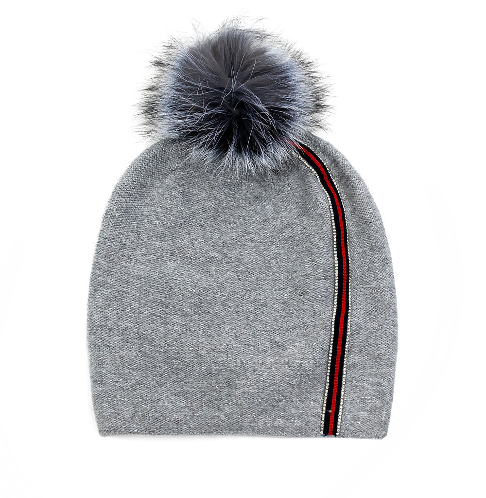 CZ Stripe Knit Hat With Fox Pompom