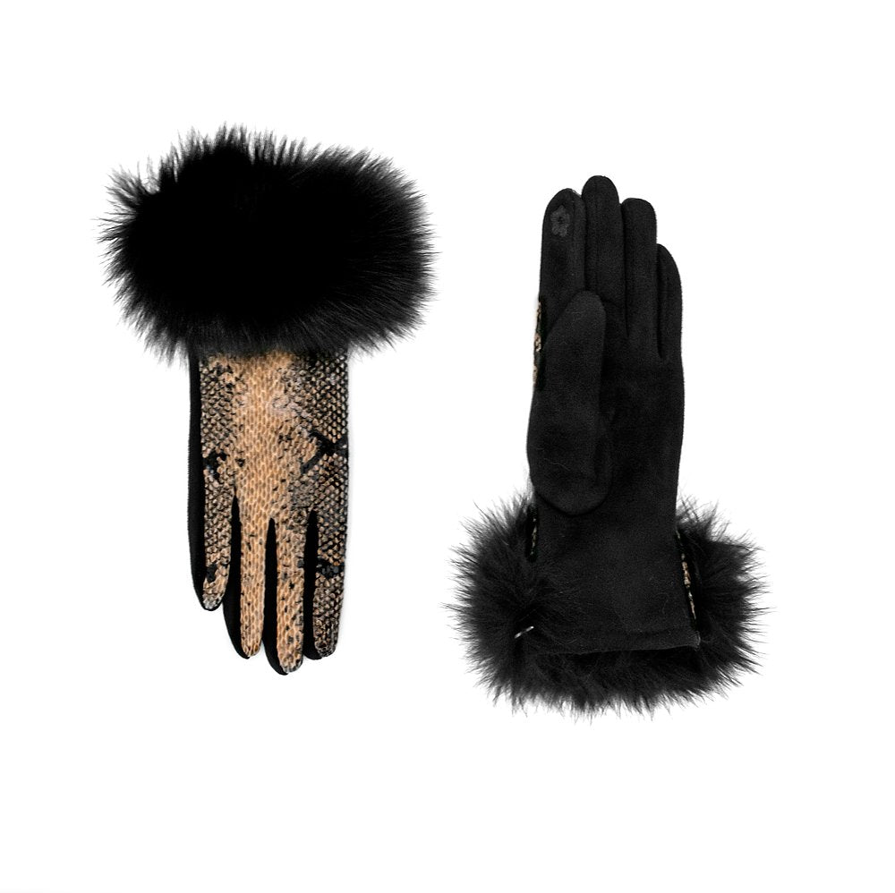 Python Print Gloves With Fox Fur Trim