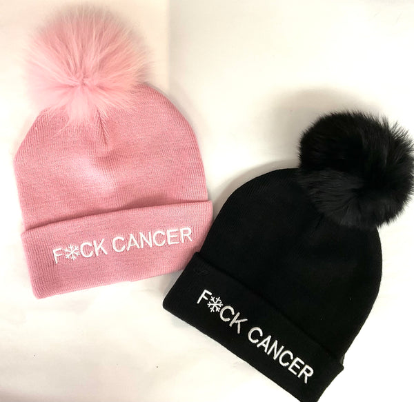 F*ck Cancer With Real Fur Pom Hat
