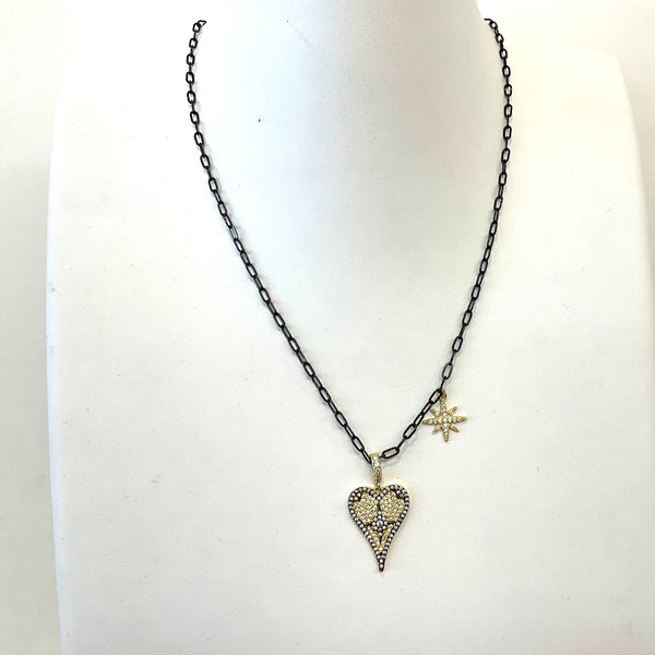 Paperclip With Pave Heart and Starburst Pendant Necklace