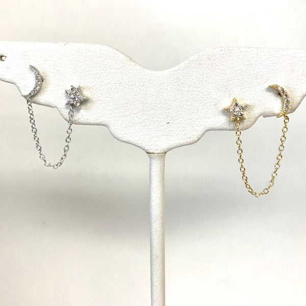 Pave Star & Moon with Chain for Double Pierce (Each)