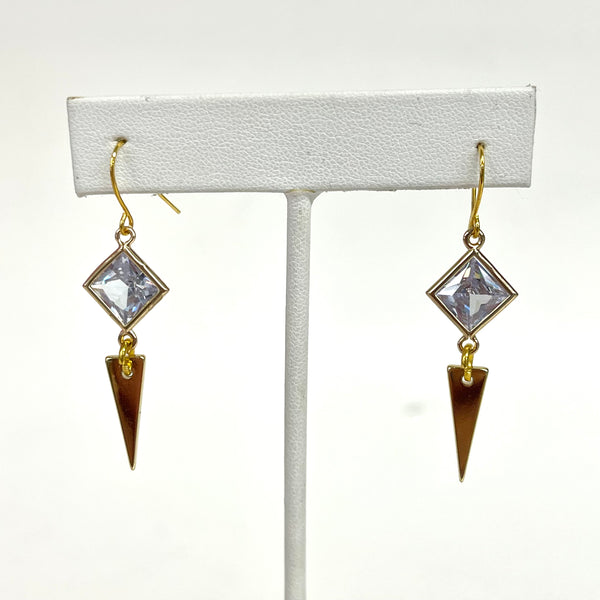 Diamond Shaped Crystal With Gold Triangle Dangle Earrings