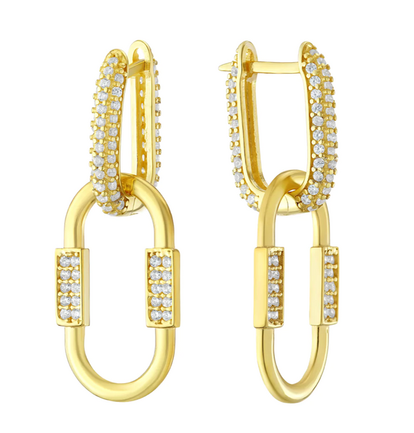 Gold CZ Paper Clip Chain Drop Earrings
