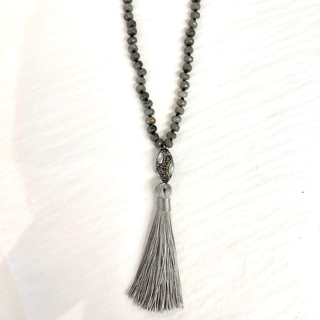 Long Beaded Necklace with Gray Tassel