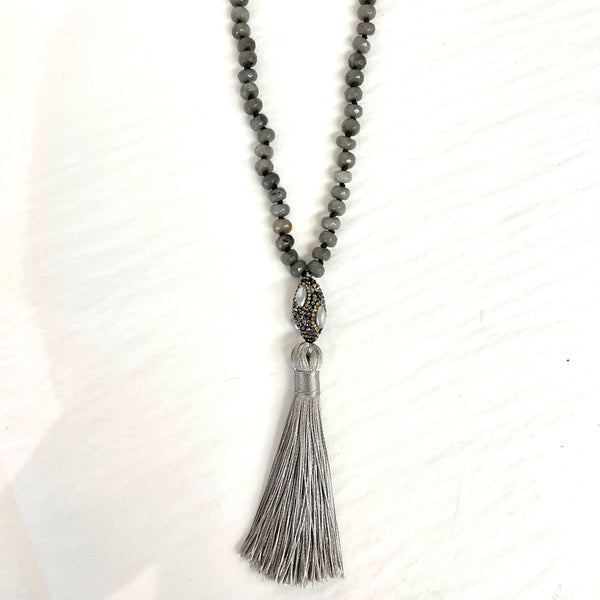 Long Beaded Necklace with Gray Tassel