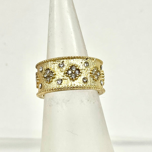 Adjustable Brushed Gold Ring With Cz’s And CZ Clover