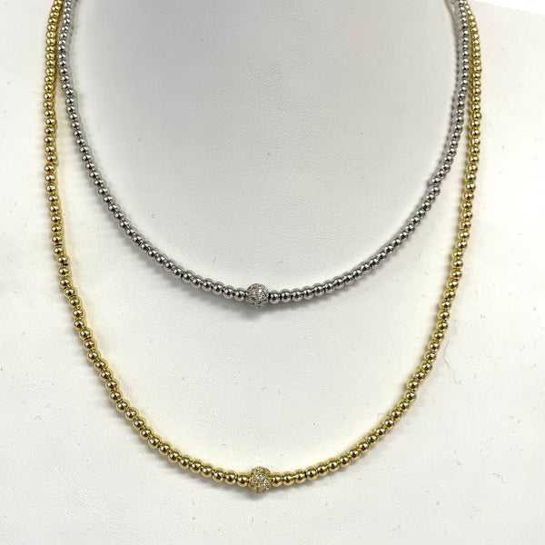 3MM Brass Beaded Ball With Pave Ball Necklace