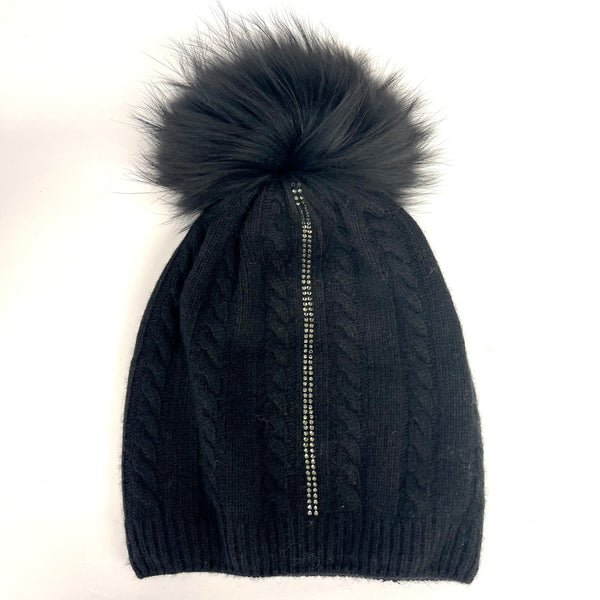 Cashmere & Rhinestone Cable Knit Lined Fur Beanie