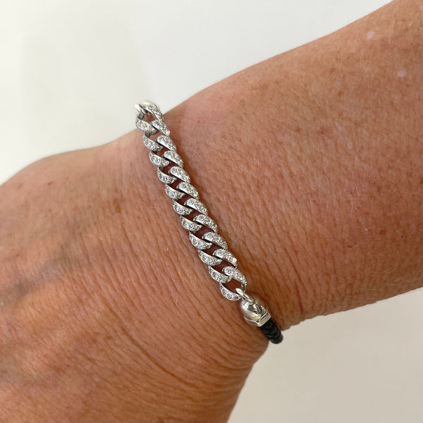 CZ Sterling Silver And Leather Italian Cuban Bracelet