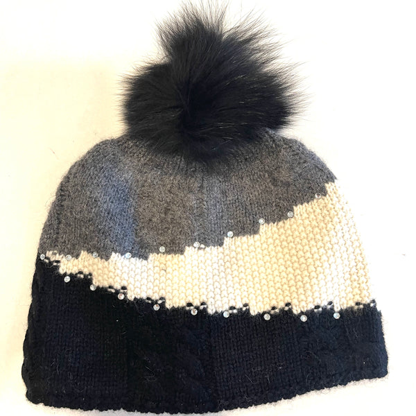 Grey/Cream/Black Knit And Crystal Lined Fur Pom Hat