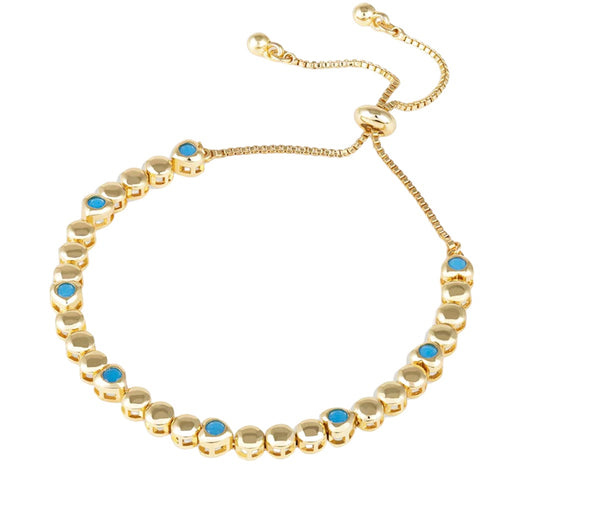 Bezel Set Turquoise & Gold Pull Bracelet