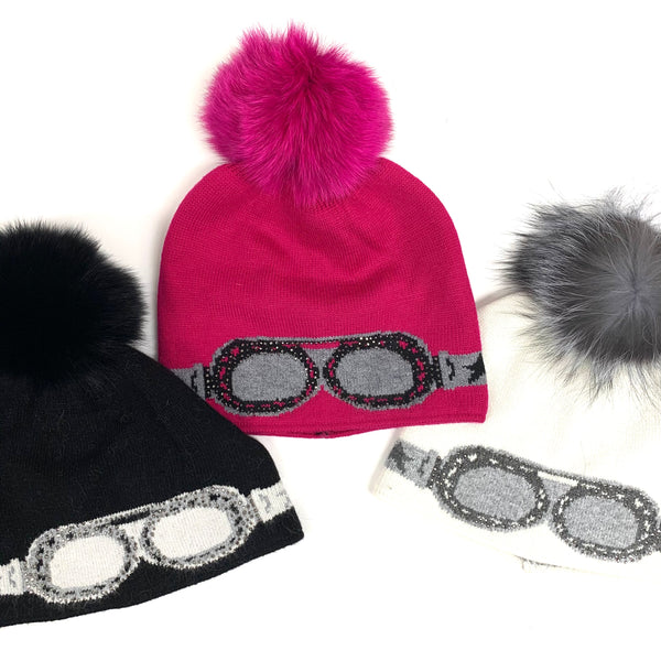 Crystal Ski Goggle Hat with Fox Fur Pom