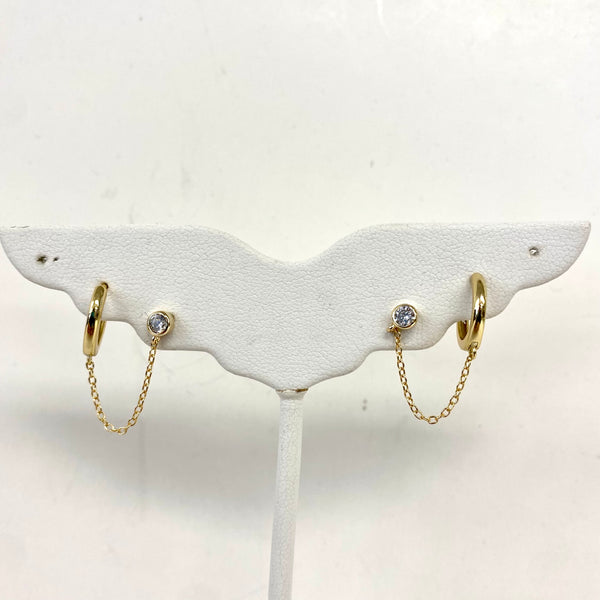 Double Piercing Huggie with CZ Stud.  Sold Individually