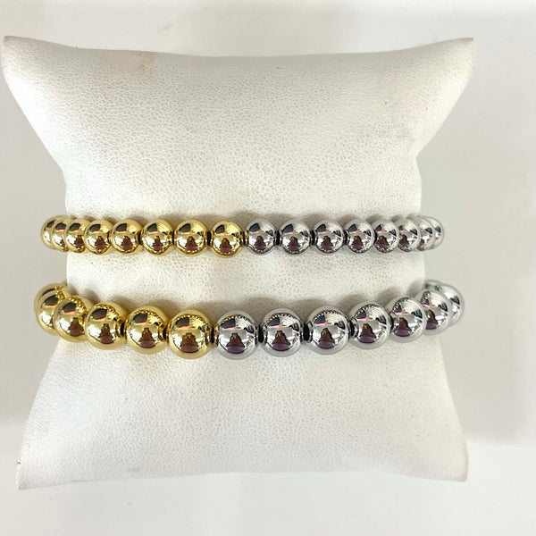 Silver/Gold Two-Toned Stretch Beaded Bracelet