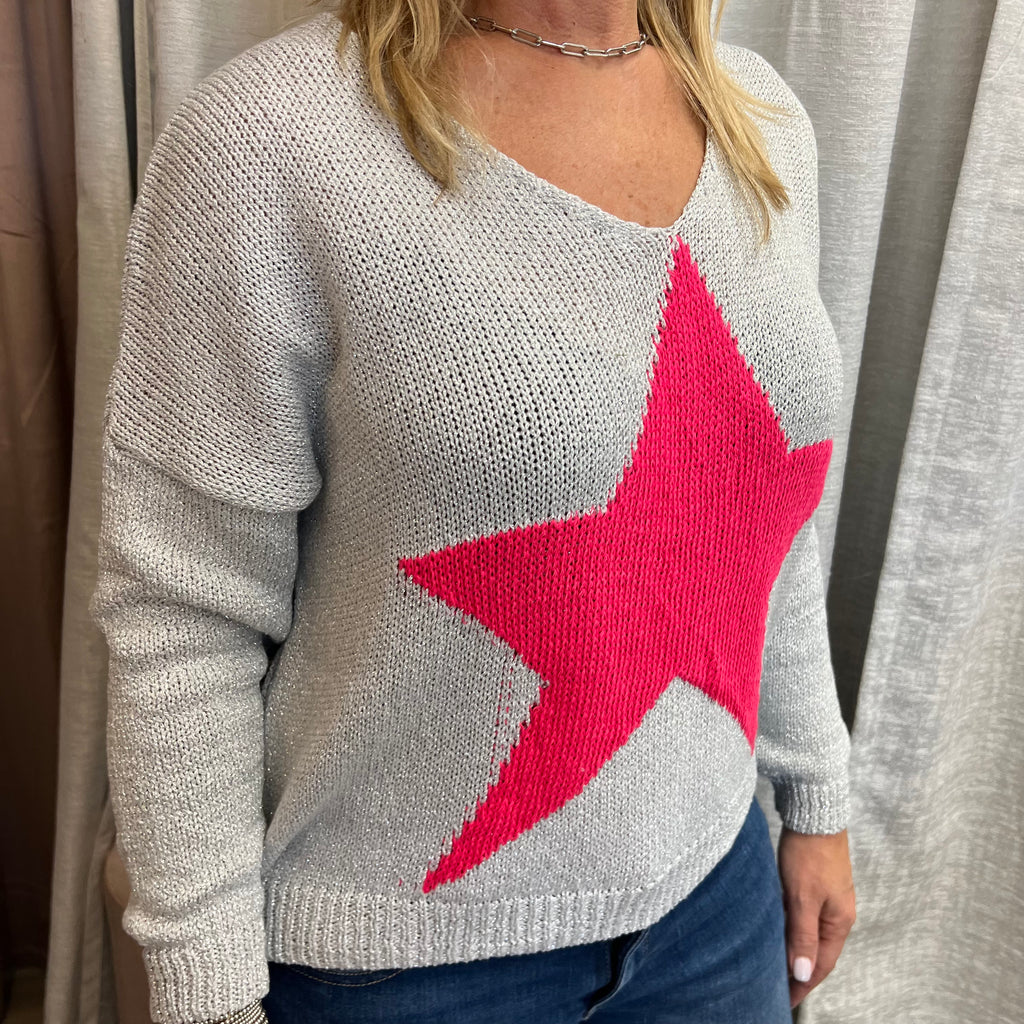 Silver Lurex With Hot Pink Star Sweater