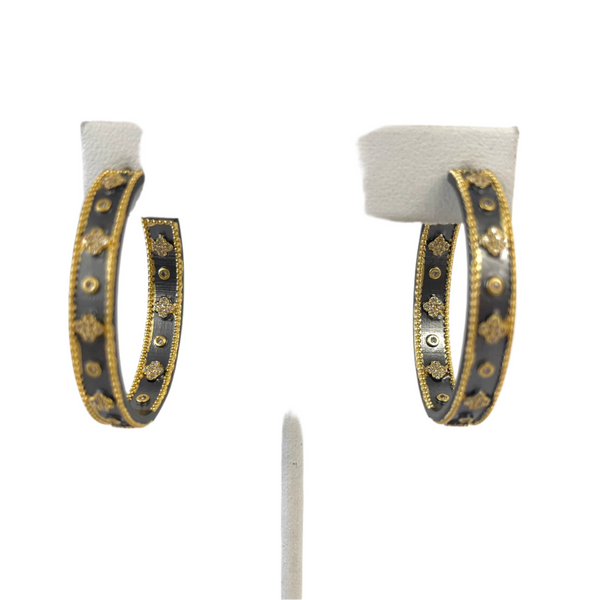 Oval Hematite And Gold Pave Flower Hoops
