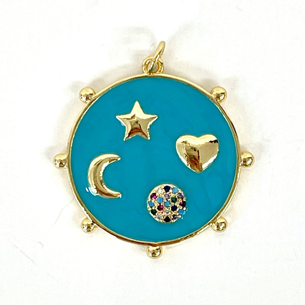 Enamel Disc with Moon, Star, Heart, and CZ Sun