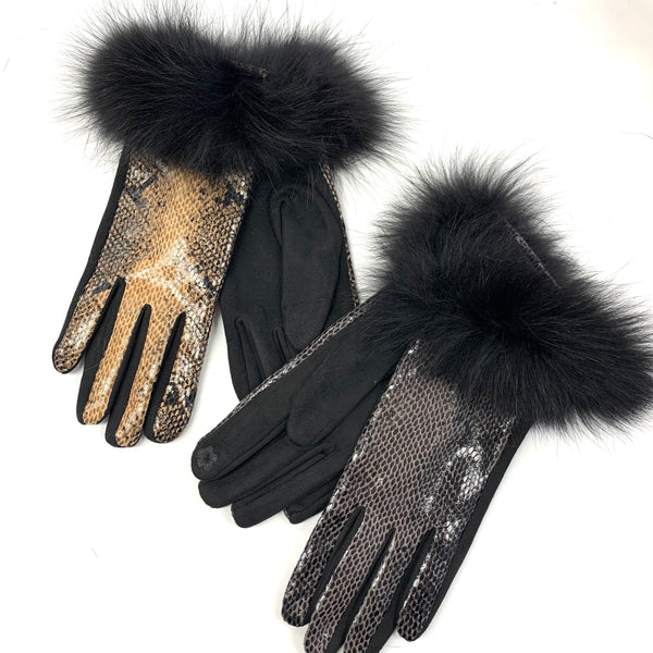 Python Print Gloves With Fox Fur Trim