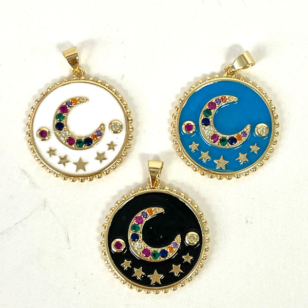Enamel and Colorful CZ Moon and Star Pendant