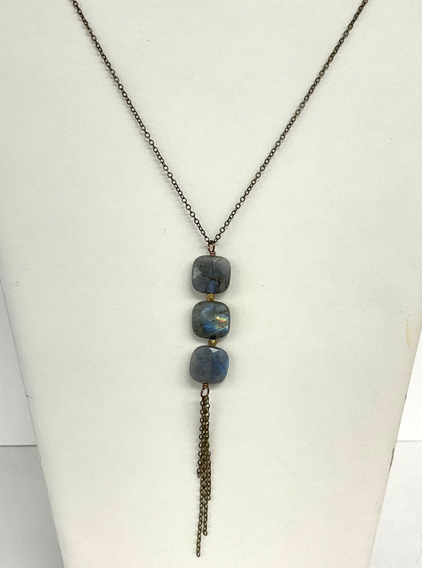 Triple Labradorite Brass Square Necklace