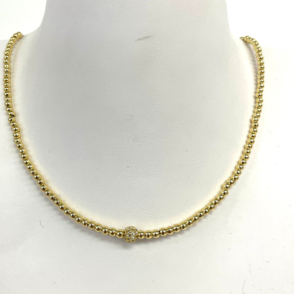 3MM Brass Beaded Ball With Pave Ball Necklace