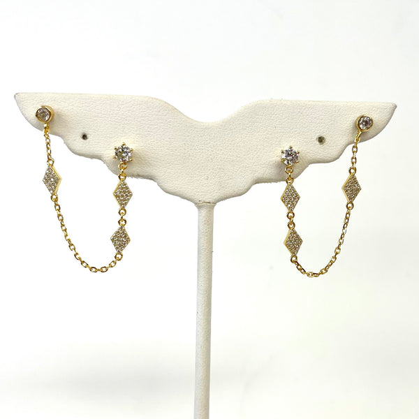 Pave Diamond Cz Double Post Chain Earring